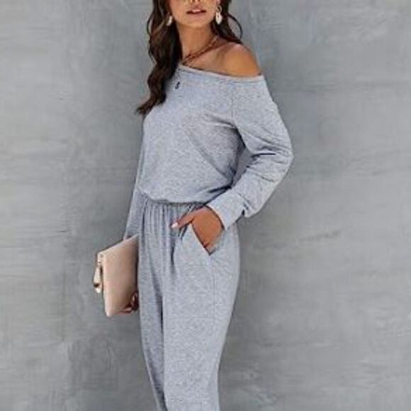 Women's Off Shoulder Jumpsuit Gray Size Small - Picture 7 of 10
